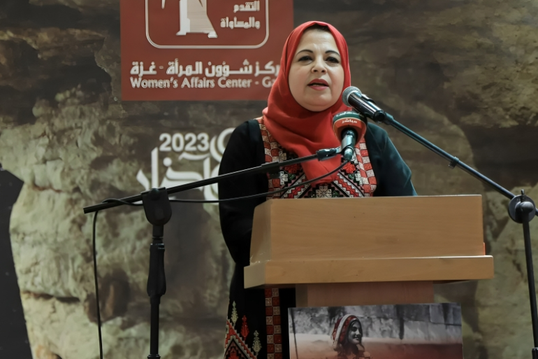Amal Syam, Director General of the Women’s Affairs Center in Gaza, participating in an ActionAid Palestine webinar on Women, Peace, and Security.